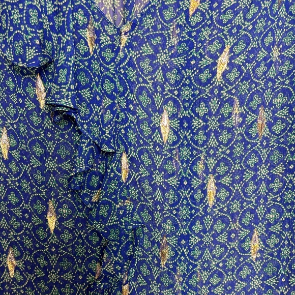 ba&sh Masha 100% Silk Blue Gold Boho Metallic Accent Ruffled 3/4 Sleeve Top S - Picture 4 of 8